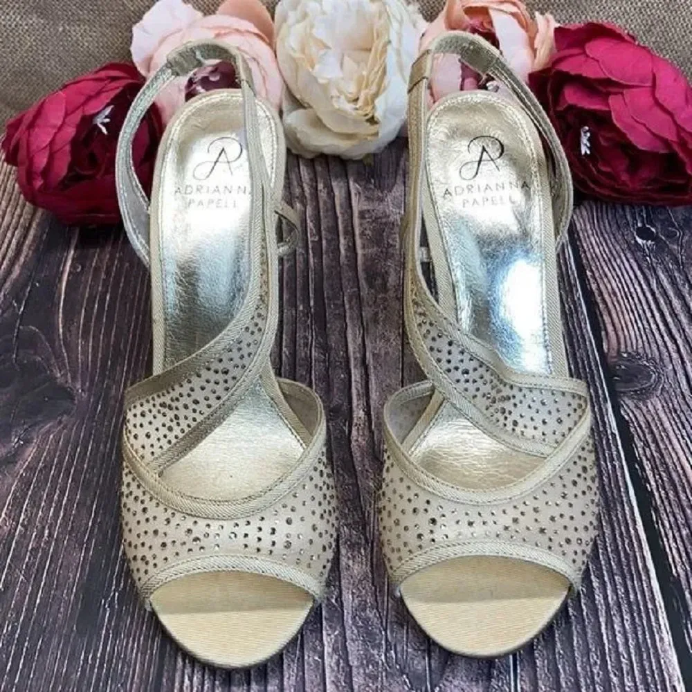 ADRIANNA PAPELL Sand (Tan) 'Andie' Crystal Embellished Mesh Sandal 8.5