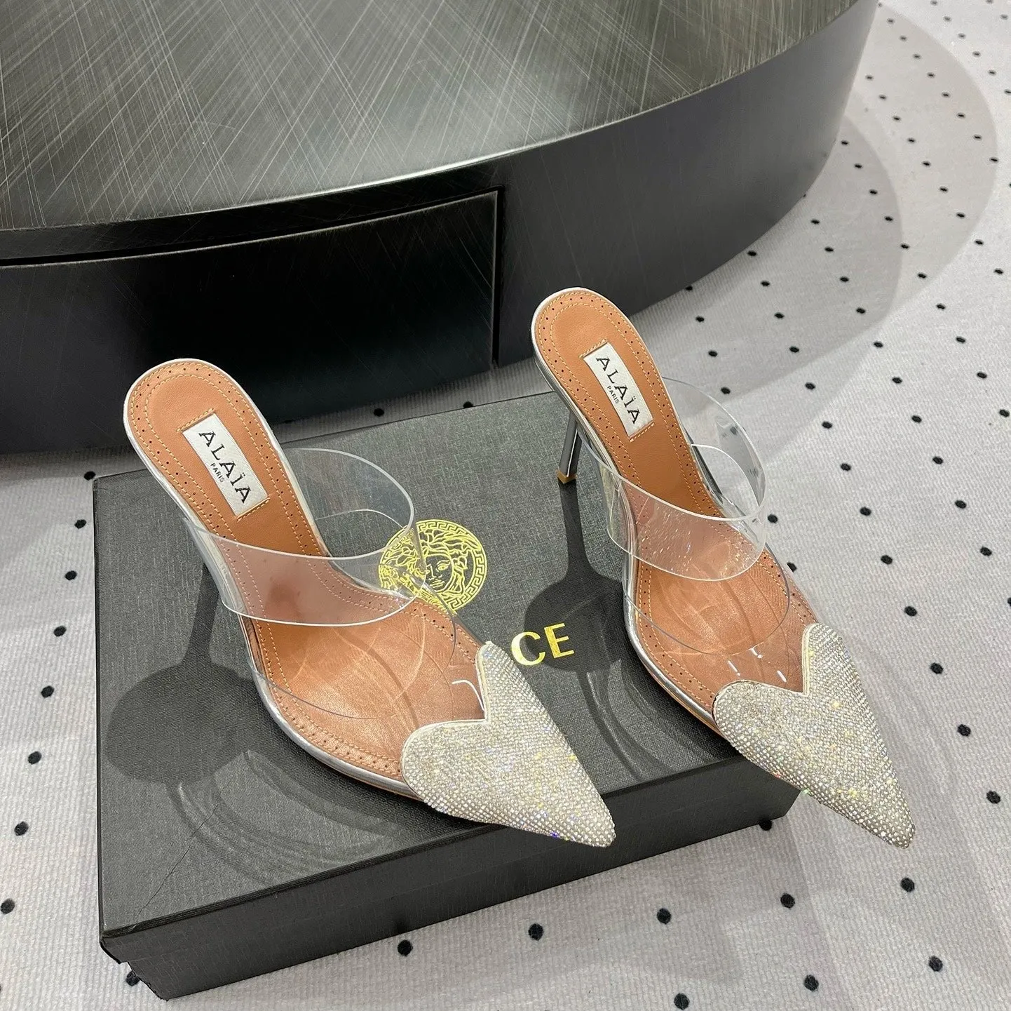 ALAIA Le Coeur Mules White With Rhinestones Lambskin 954821