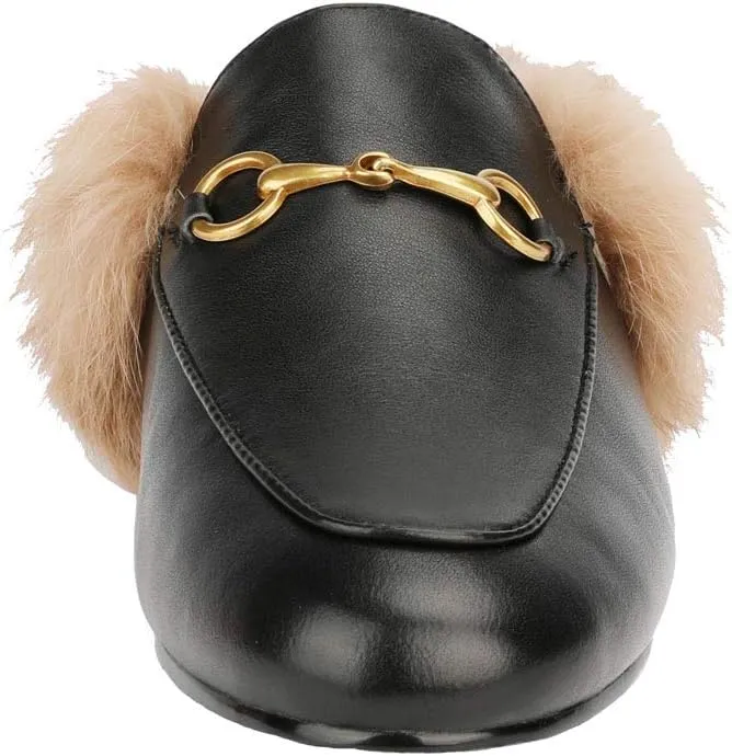 Arqa Fur Mules for Women Comfortable Leather Buckle Mule Flats Furry Padded Backless Loafers Casual Slides Shoes