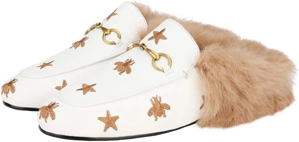 Arqa Fur Mules for Women Comfortable Leather Buckle Mule Flats Furry Padded Backless Loafers Casual Slides Shoes