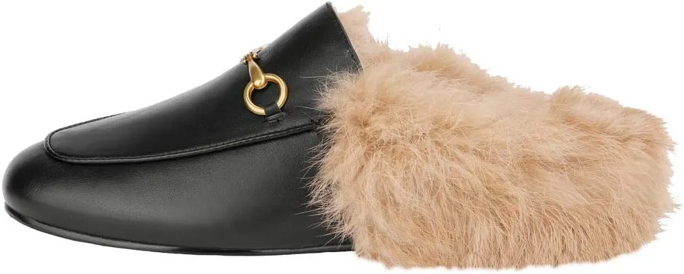 Arqa Fur Mules for Women Comfortable Leather Buckle Mule Flats Furry Padded Backless Loafers Casual Slides Shoes