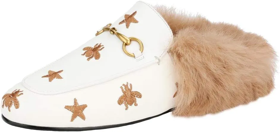 Arqa Fur Mules for Women Comfortable Leather Buckle Mule Flats Furry Padded Backless Loafers Casual Slides Shoes