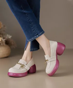 Beige Cowhide Leather Loafer Shoes Platform Splicing