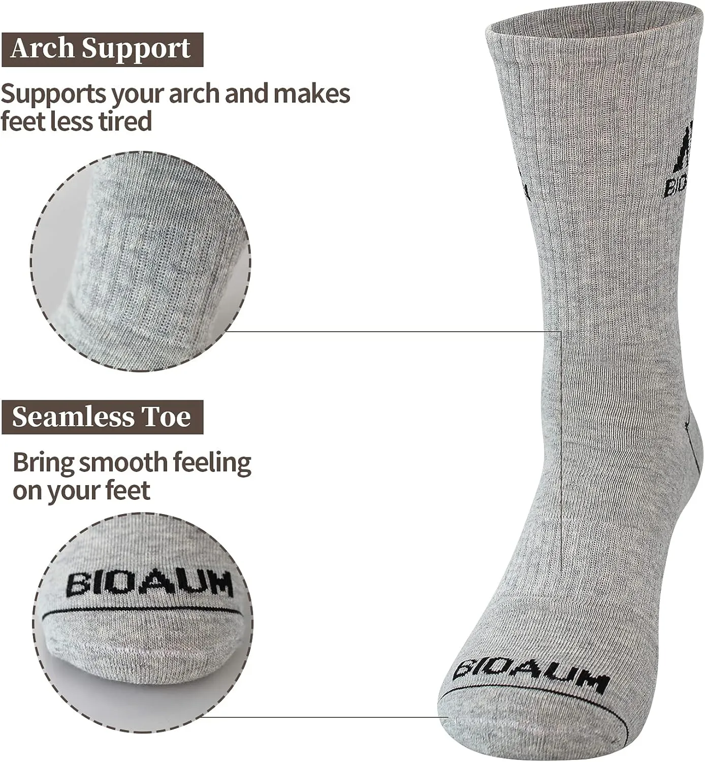 BIOAUM Men's Cushioned Crew Socks 5-6 Pairs Hiking Work Running Athletic Cotton Sports Wicking