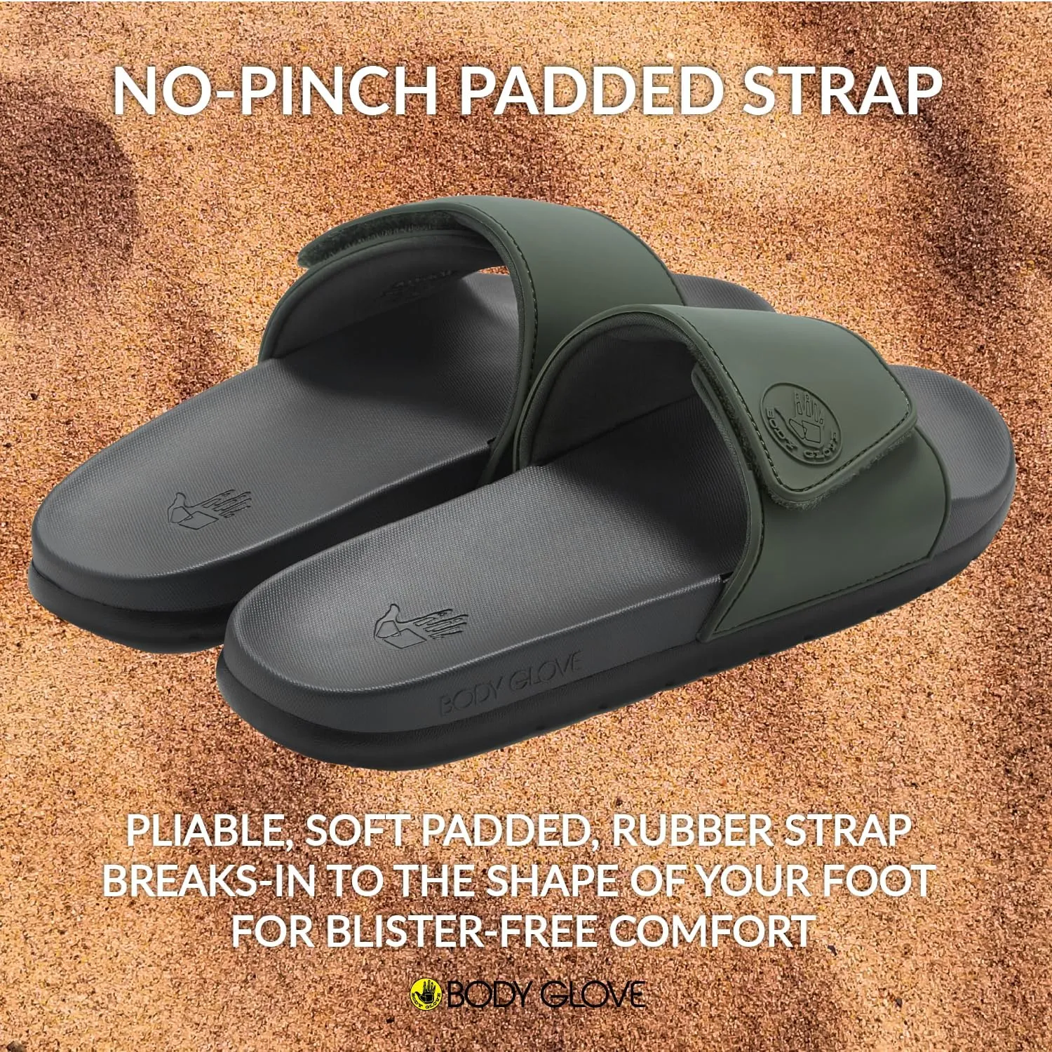 Body Glove Men’s Slides, Cushioned Slide-on Sandal Slippers with Padded Adjustable Strap