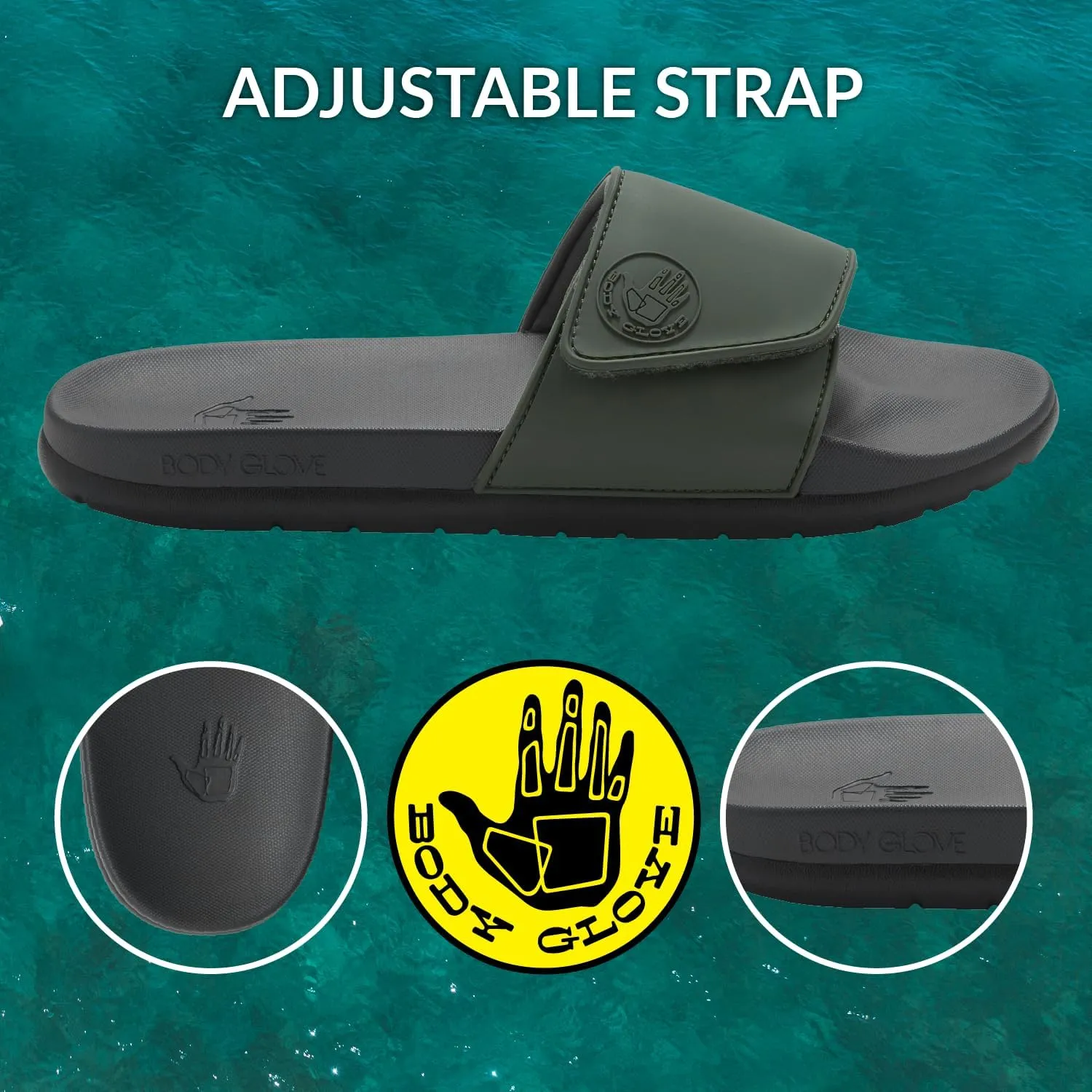 Body Glove Men’s Slides, Cushioned Slide-on Sandal Slippers with Padded Adjustable Strap