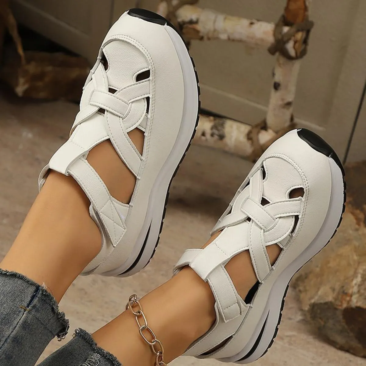 Bomre Orthopedic Sandals with Anklet Platform Wedge Closed Toe, Hollow Strap, Comfortable Plus Size Sneaker Sandals for Walking