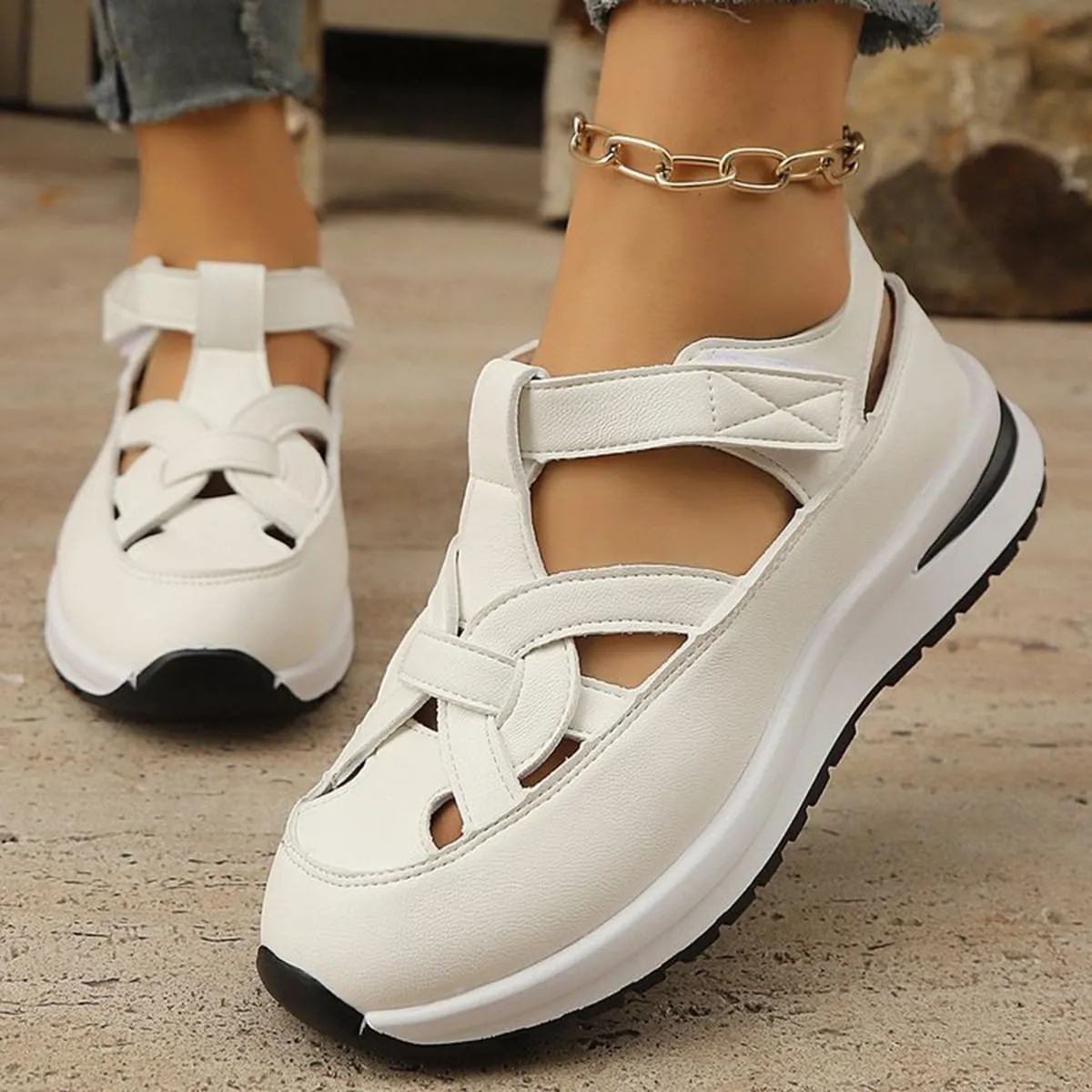 Bomre Orthopedic Sandals with Anklet Platform Wedge Closed Toe, Hollow Strap, Comfortable Plus Size Sneaker Sandals for Walking