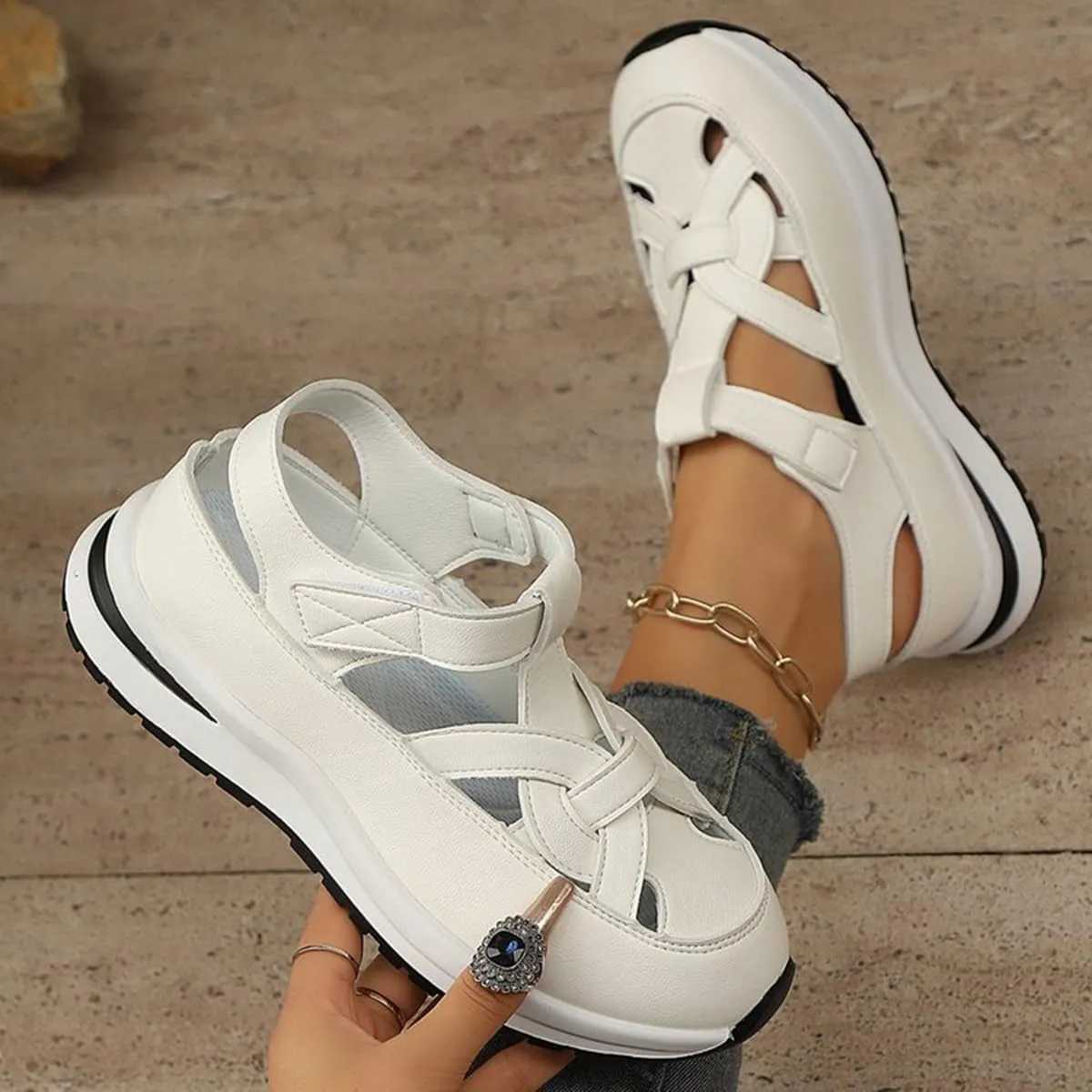 Bomre Orthopedic Sandals with Anklet Platform Wedge Closed Toe, Hollow Strap, Comfortable Plus Size Sneaker Sandals for Walking