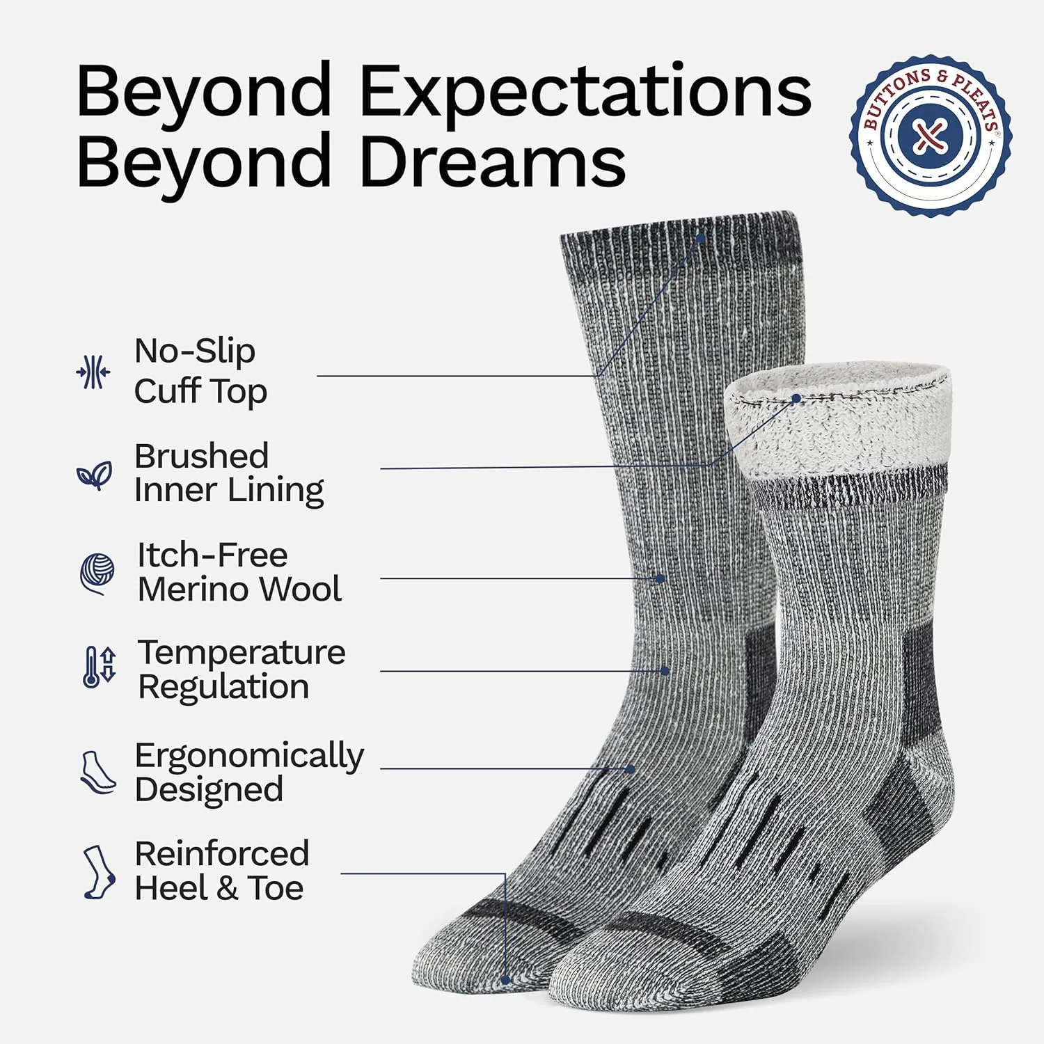 Buttons & Pleats Wool Socks for Men & Women Merino Thermal Warm Cozy Winter Boot Sock