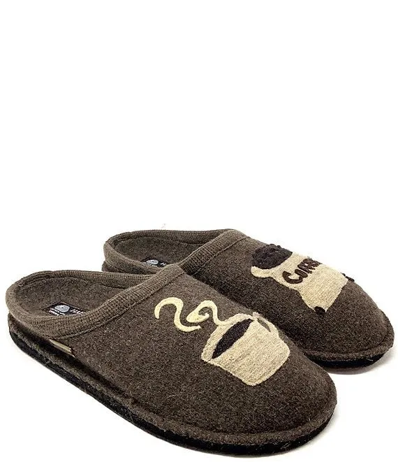 Coffee Appliqued Wool Mule Slippers