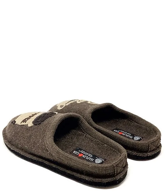 Coffee Appliqued Wool Mule Slippers