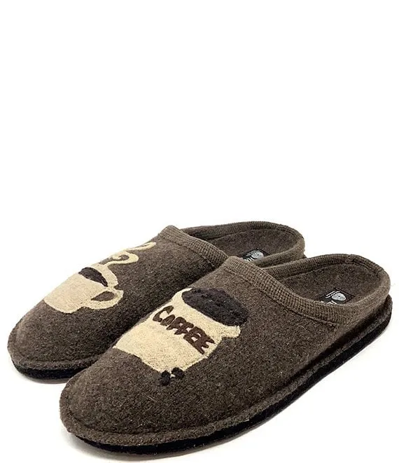 Coffee Appliqued Wool Mule Slippers