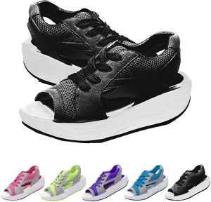 Contrast Paneled Cutout Lace-up Muffin Sandals, 2023 New Summer Causal Womens Sandals, Lace-Up Peep Toe Platform Wedge Sandals for Womens