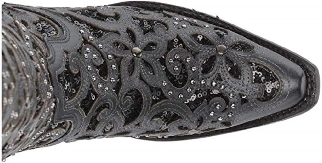 Corral Boots Womens Floral Studded Rhinestones Sequins Tooled Inlay Snip Toe Casual Boots Knee High Low Heel 1-2" - Black