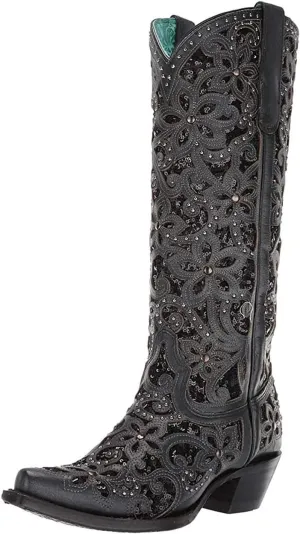 Corral Boots Womens Floral Studded Rhinestones Sequins Tooled Inlay Snip Toe Casual Boots Knee High Low Heel 1-2" - Black