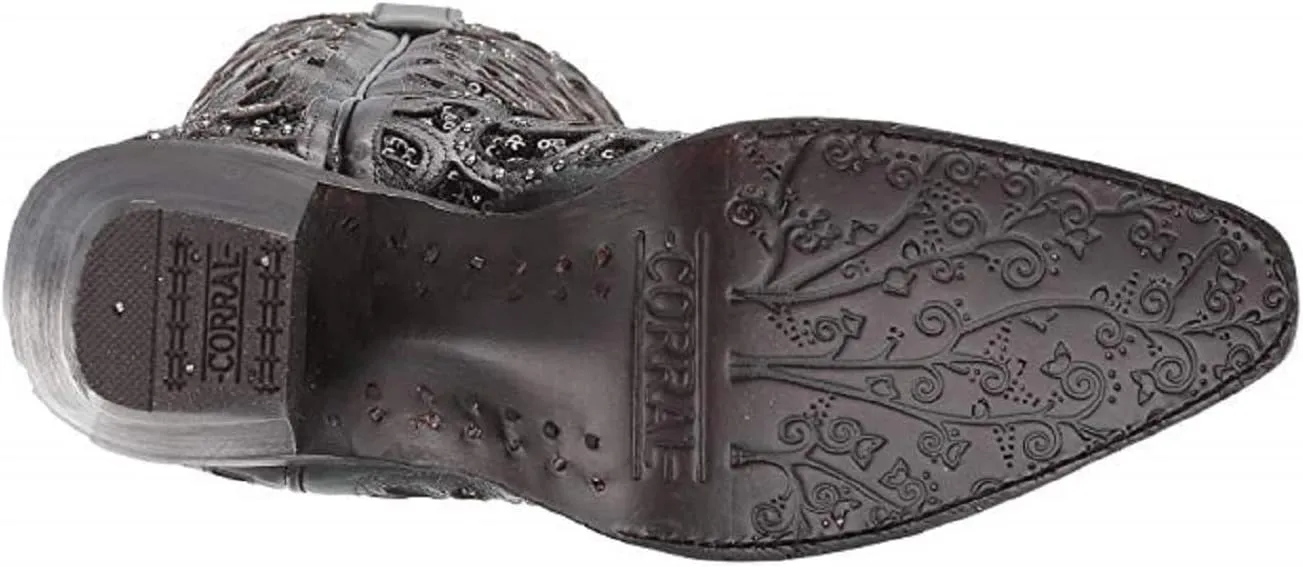 Corral Boots Womens Floral Studded Rhinestones Sequins Tooled Inlay Snip Toe Casual Boots Knee High Low Heel 1-2" - Black