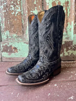 Corral Women's Distressed Black Snake Inlay Square Toe Western Boots A2402