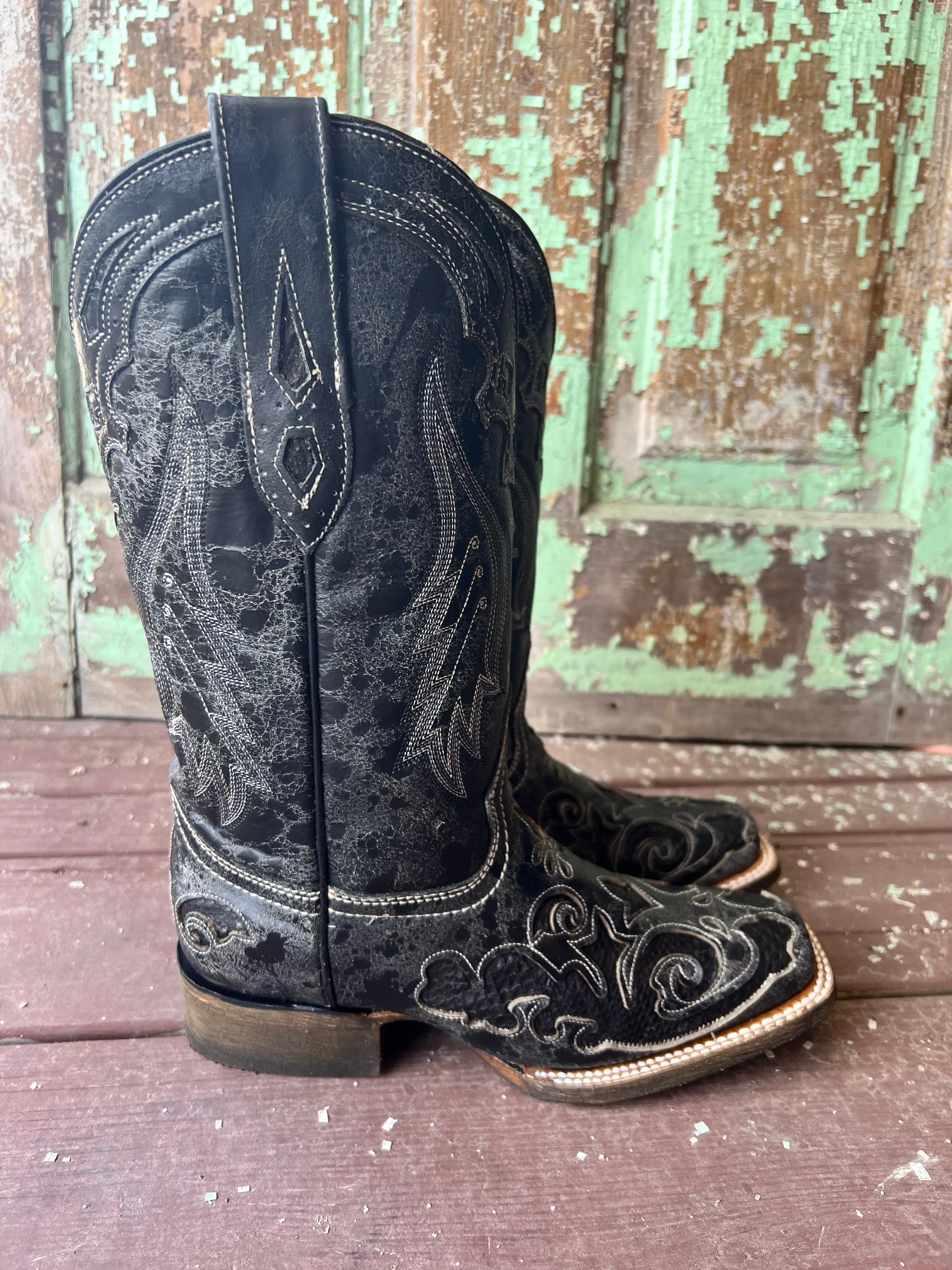 Corral Women's Distressed Black Snake Inlay Square Toe Western Boots A2402