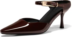 Coutgo Womens High Heels Mules Closed Pointed Toe Kitten Heel Pumps Ankle Buckle Strap Slip On Backless Dress Shoes