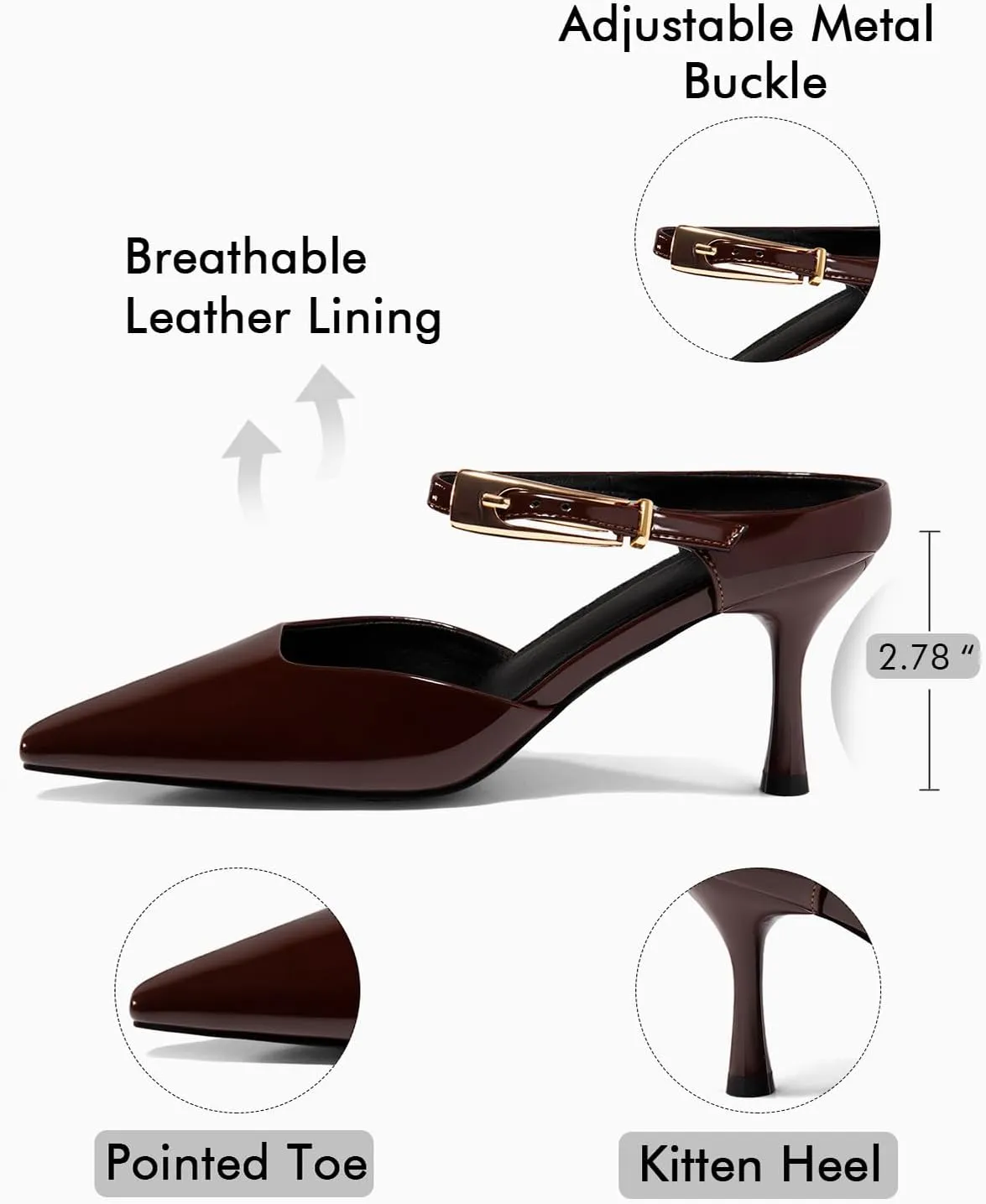 Coutgo Womens High Heels Mules Closed Pointed Toe Kitten Heel Pumps Ankle Buckle Strap Slip On Backless Dress Shoes