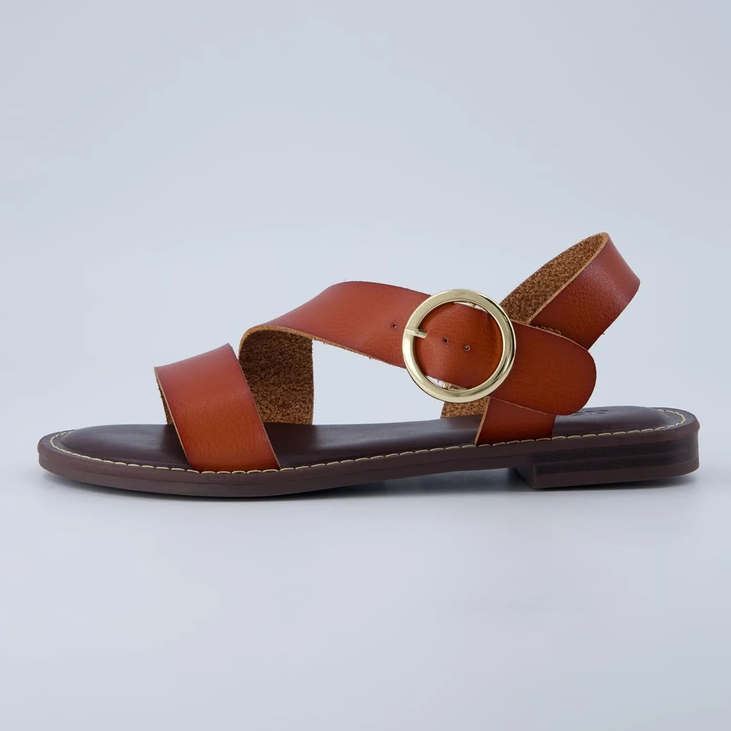 CUSHIONAIRE Lisbon Women’s Strappy Sandal – Faux Leather Flat with Bold Buckle Accent, Adjustable Strap & Cushioned Footbed