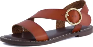 CUSHIONAIRE Lisbon Women’s Strappy Sandal – Faux Leather Flat with Bold Buckle Accent, Adjustable Strap & Cushioned Footbed