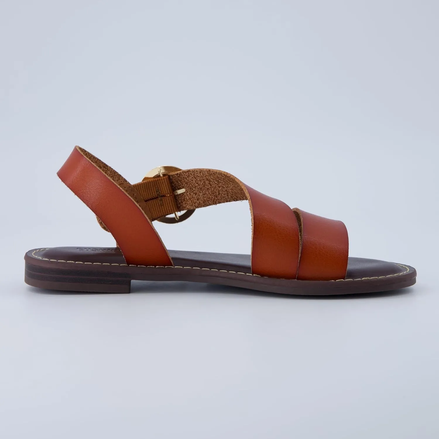 CUSHIONAIRE Lisbon Women’s Strappy Sandal – Faux Leather Flat with Bold Buckle Accent, Adjustable Strap & Cushioned Footbed