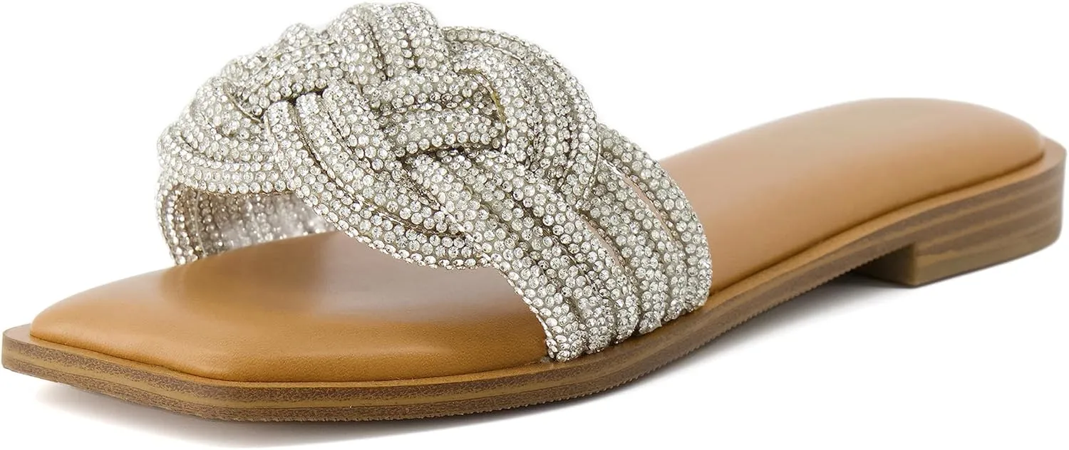 CUSHIONAIRE Women's Fortuna braided rhinestone bling slide sandal  Memory Foam, Wide Widths Available