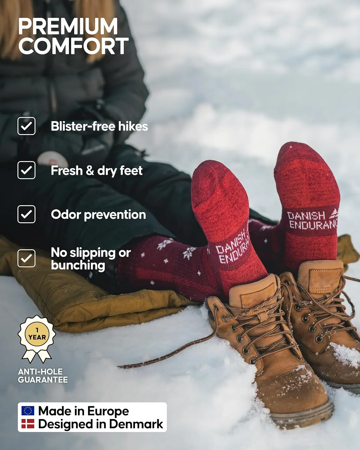 DANISH ENDURANCE Hiking Socks, Merino Wool Socks, Anti Blister, Cushioned, Breathable, Men & Women, 3-Pack