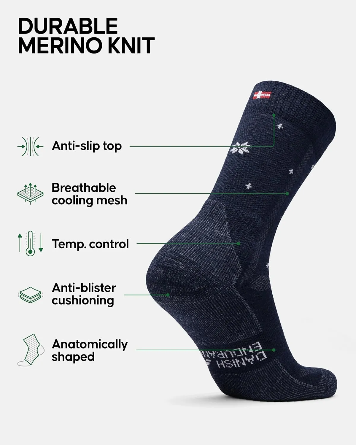 DANISH ENDURANCE Hiking Socks, Merino Wool Socks, Anti Blister, Cushioned, Breathable, Men & Women, 3-Pack