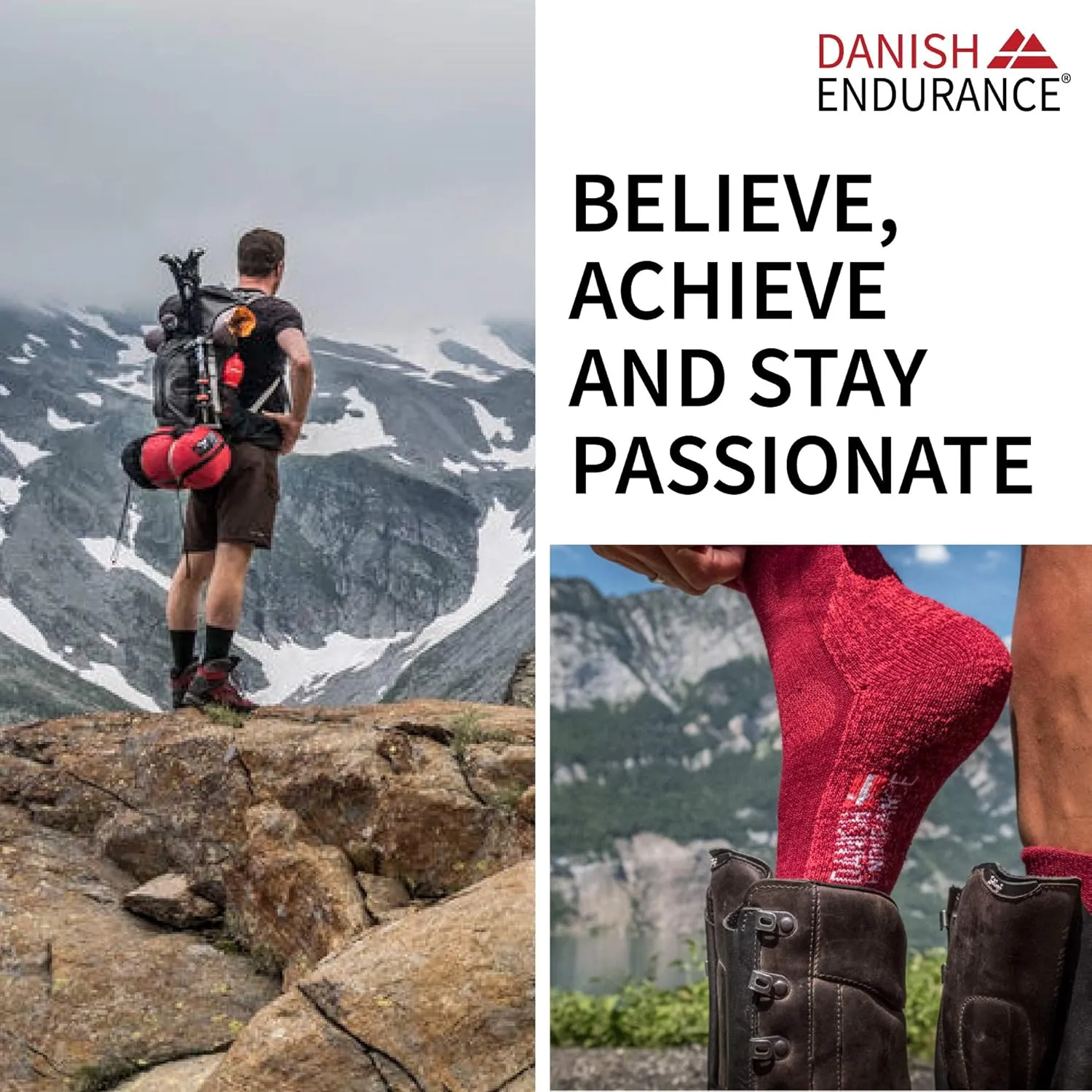 DANISH ENDURANCE Hiking Socks, Merino Wool Socks, Anti Blister, Cushioned, Breathable, Men & Women, 3-Pack