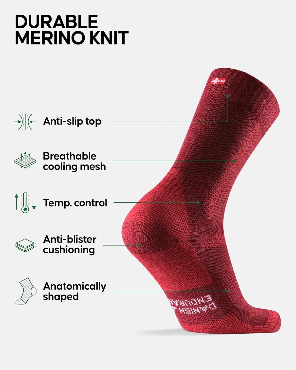 DANISH ENDURANCE Hiking Socks, Merino Wool Socks, Anti Blister, Cushioned, Breathable, Men & Women, 3-Pack