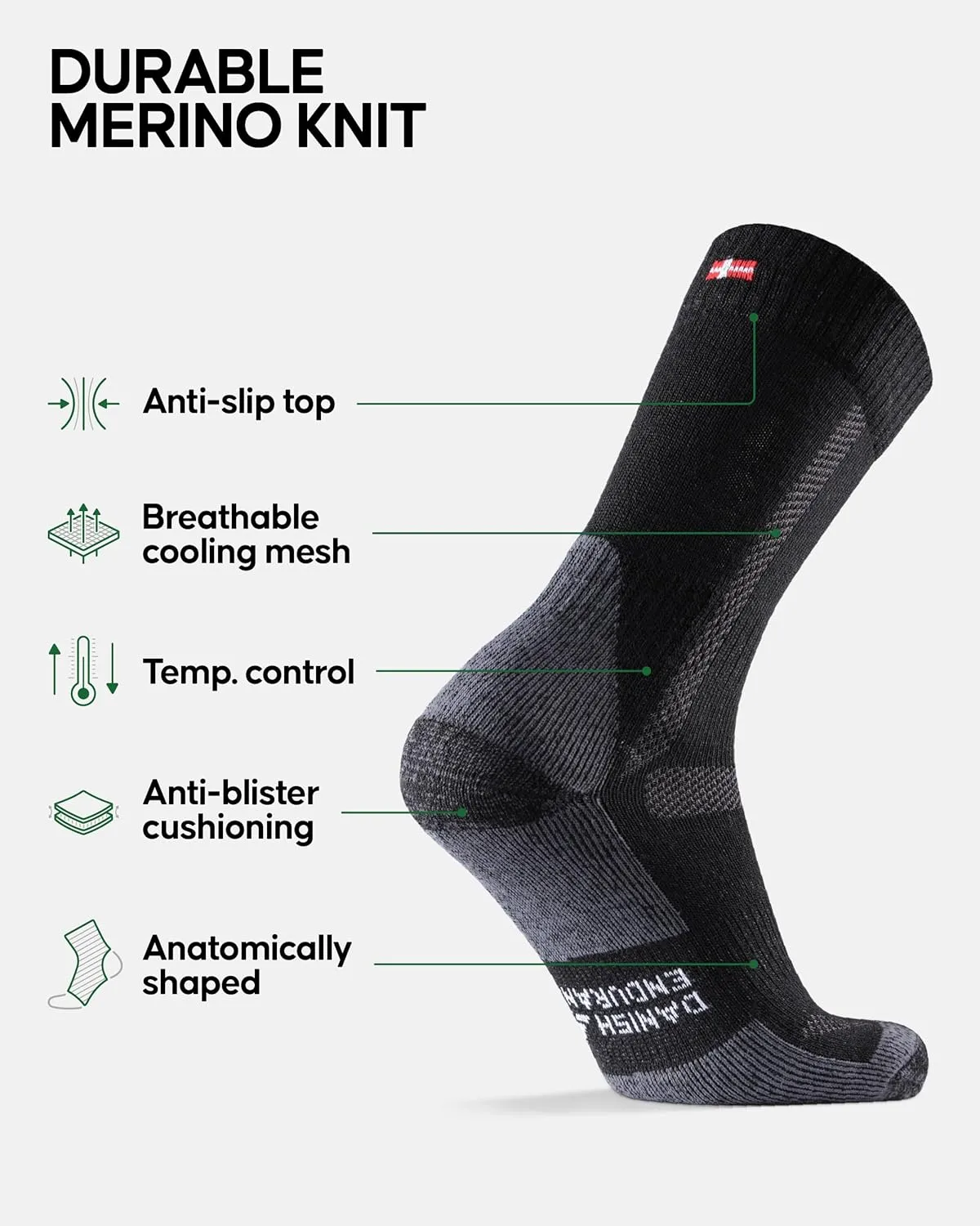 DANISH ENDURANCE Hiking Socks, Merino Wool Socks, Anti Blister, Cushioned, Breathable, Men & Women, 3-Pack