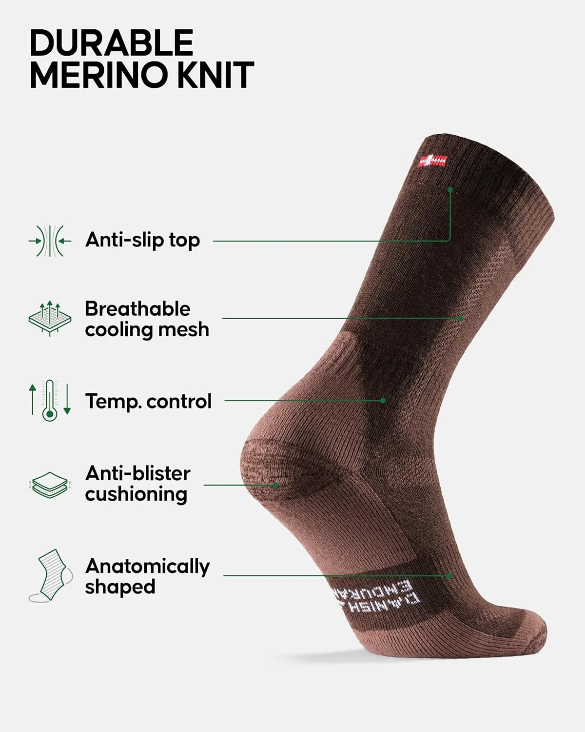 DANISH ENDURANCE Hiking Socks, Merino Wool Socks, Anti Blister, Cushioned, Breathable, Men & Women, 3-Pack