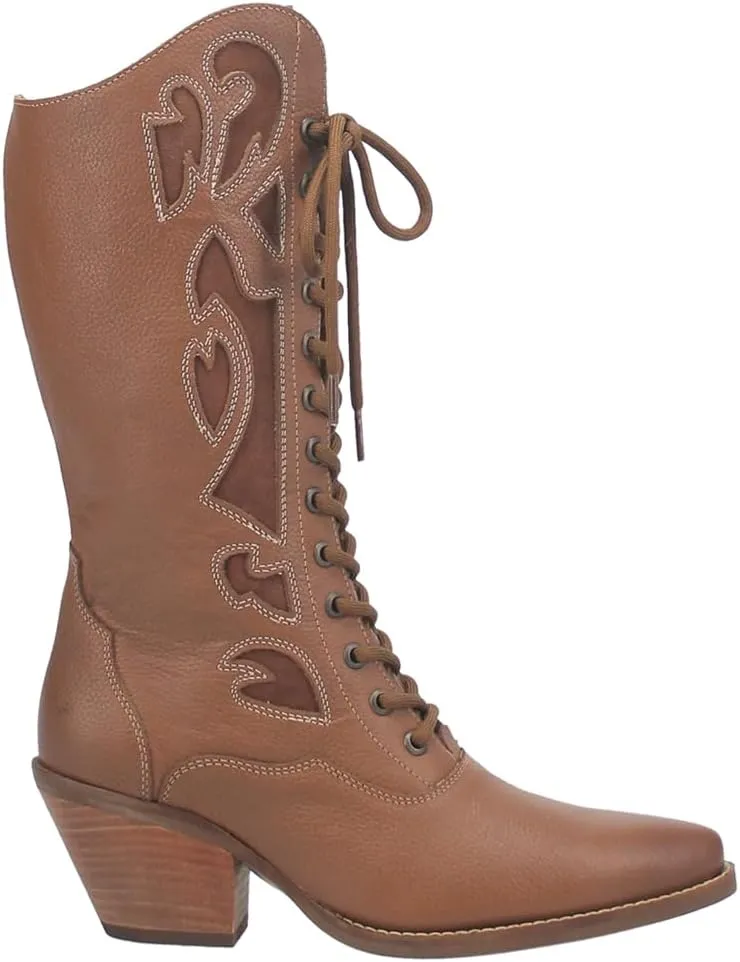 Dingo Womens San Miguel Tooled Inlay Snip Toe Zippered Lace Up Casual Boots Mid Calf Mid Heel 2-3" - Black