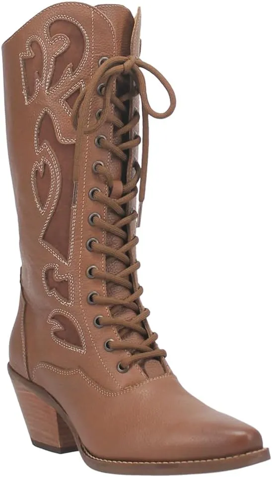 Dingo Womens San Miguel Tooled Inlay Snip Toe Zippered Lace Up Casual Boots Mid Calf Mid Heel 2-3" - Black