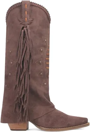 Dingo Womens Spirit Trail Studded Embroidered Fringe Snip Toe Pull On Casual Boots Knee High Mid Heel 2-3" - Brown