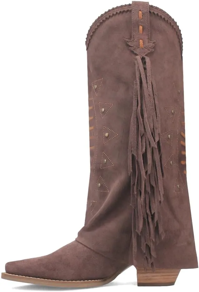 Dingo Womens Spirit Trail Studded Embroidered Fringe Snip Toe Pull On Casual Boots Knee High Mid Heel 2-3" - Brown