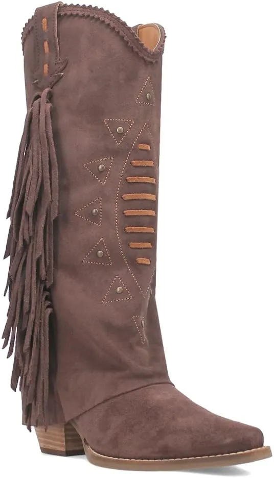 Dingo Womens Spirit Trail Studded Embroidered Fringe Snip Toe Pull On Casual Boots Knee High Mid Heel 2-3" - Brown