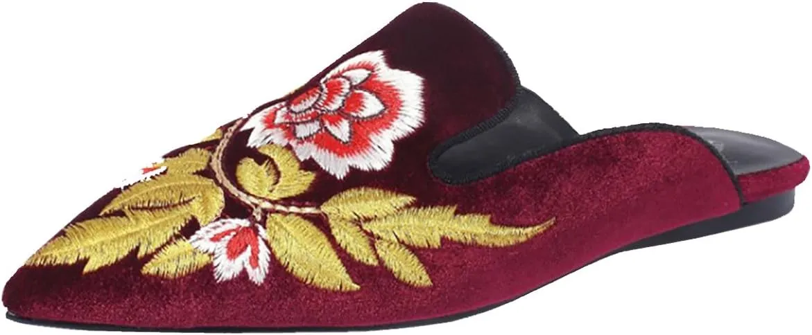 Divanne Loafers for Women, Womens Embroidery Mule Shoes Velvet Backless Slip On Loafers Pointed Toe Flat Mule Slides