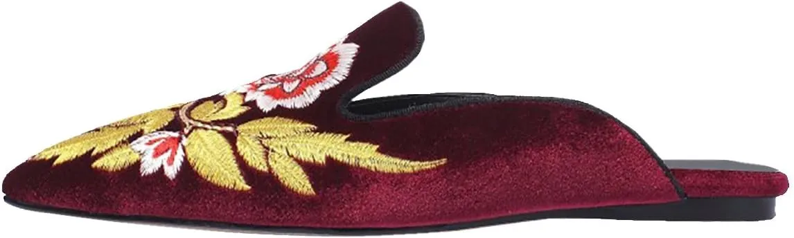 Divanne Loafers for Women, Womens Embroidery Mule Shoes Velvet Backless Slip On Loafers Pointed Toe Flat Mule Slides