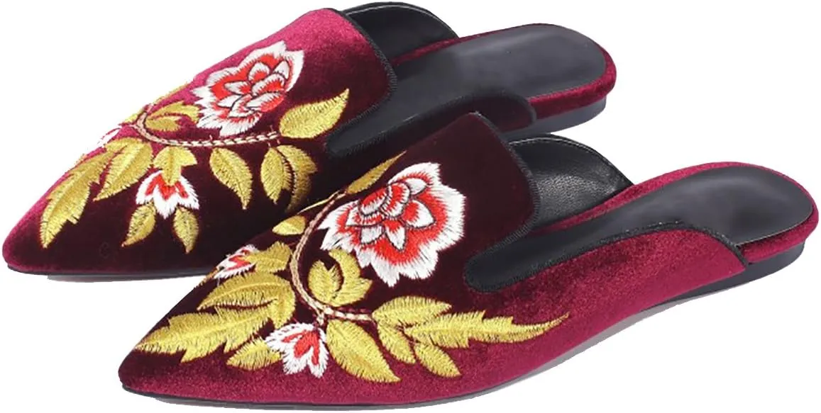 Divanne Loafers for Women, Womens Embroidery Mule Shoes Velvet Backless Slip On Loafers Pointed Toe Flat Mule Slides