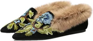 Divanne Slip On Loafers, Womens Embroidery Mule Shoes with Plush Lamb Fur Velvet Backless Pointed Toe Mule Slide