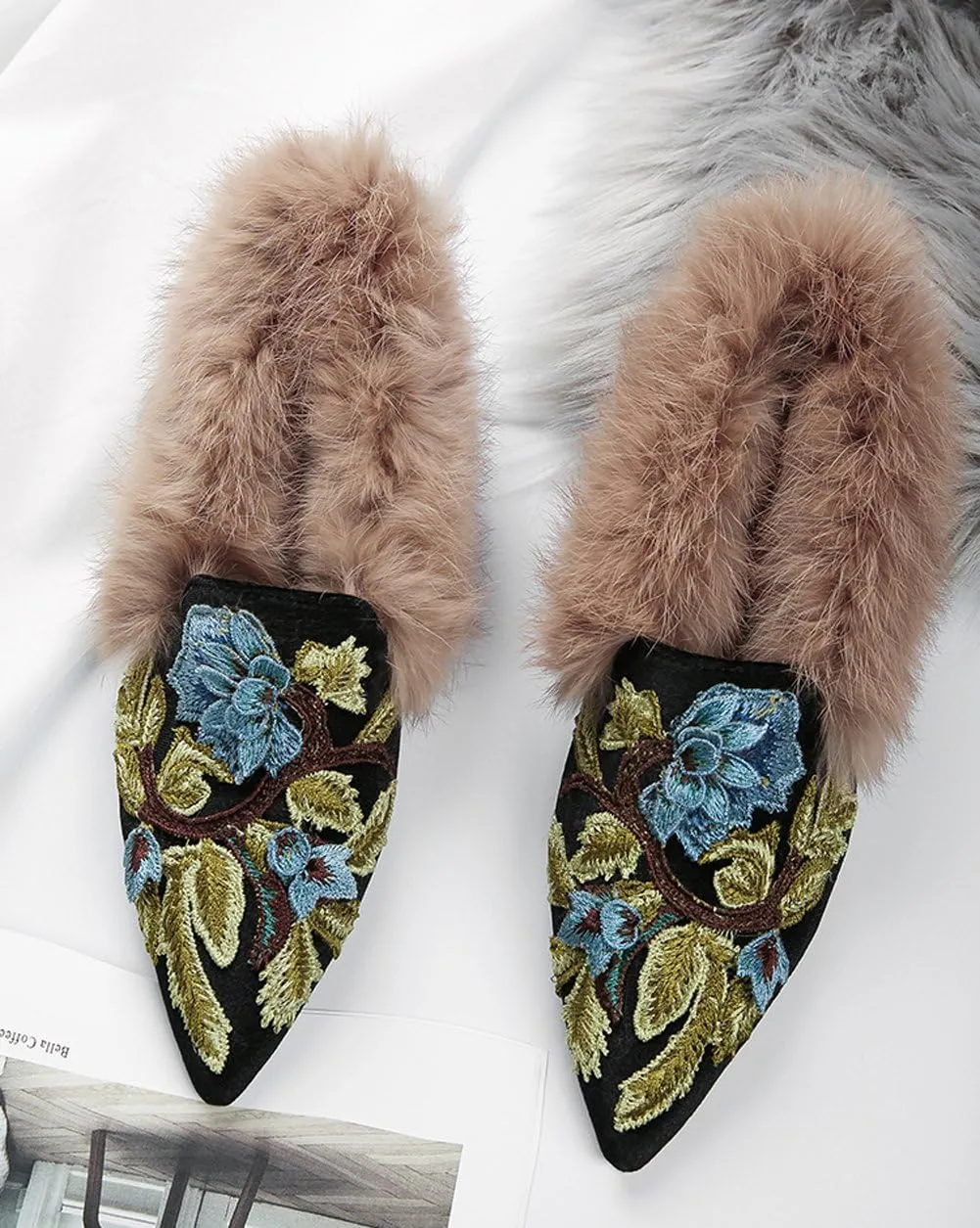Divanne Slip On Loafers, Womens Embroidery Mule Shoes with Plush Lamb Fur Velvet Backless Pointed Toe Mule Slide
