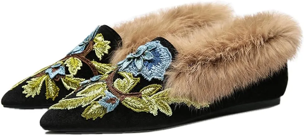 Divanne Slip On Loafers, Womens Embroidery Mule Shoes with Plush Lamb Fur Velvet Backless Pointed Toe Mule Slide