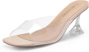 DREAM PAIRS Women’s Clear Heels Square Toe High Stiletto Mules Slip on Wedding Dress Heel Sandals