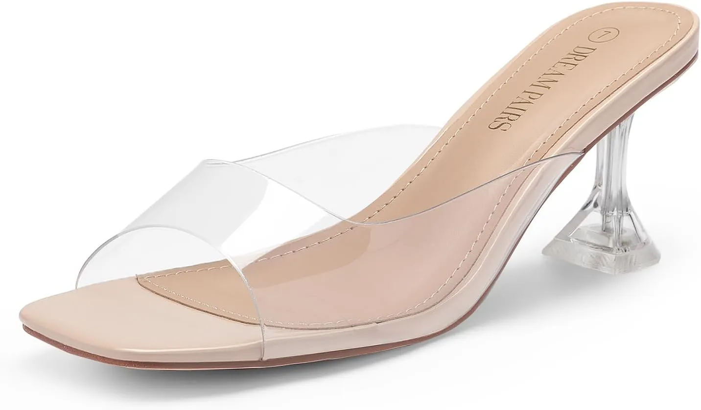 DREAM PAIRS Women’s Clear Heels Square Toe High Stiletto Mules Slip on Wedding Dress Heel Sandals