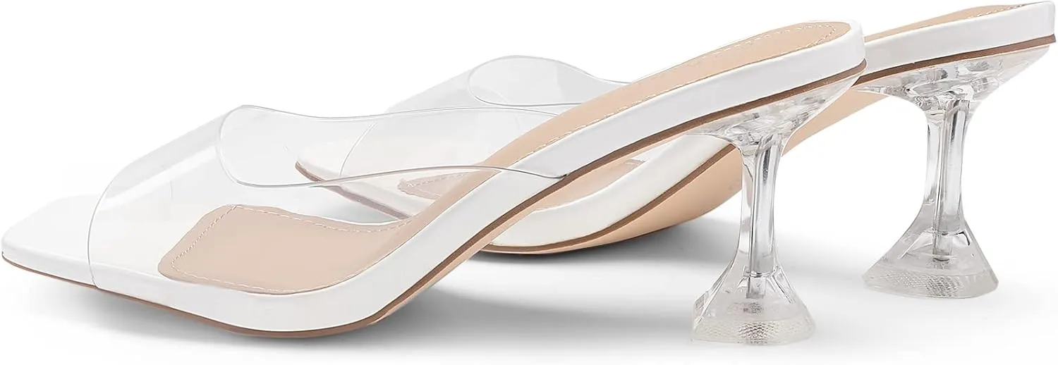 DREAM PAIRS Women’s Clear Heels Square Toe High Stiletto Mules Slip on Wedding Dress Heel Sandals