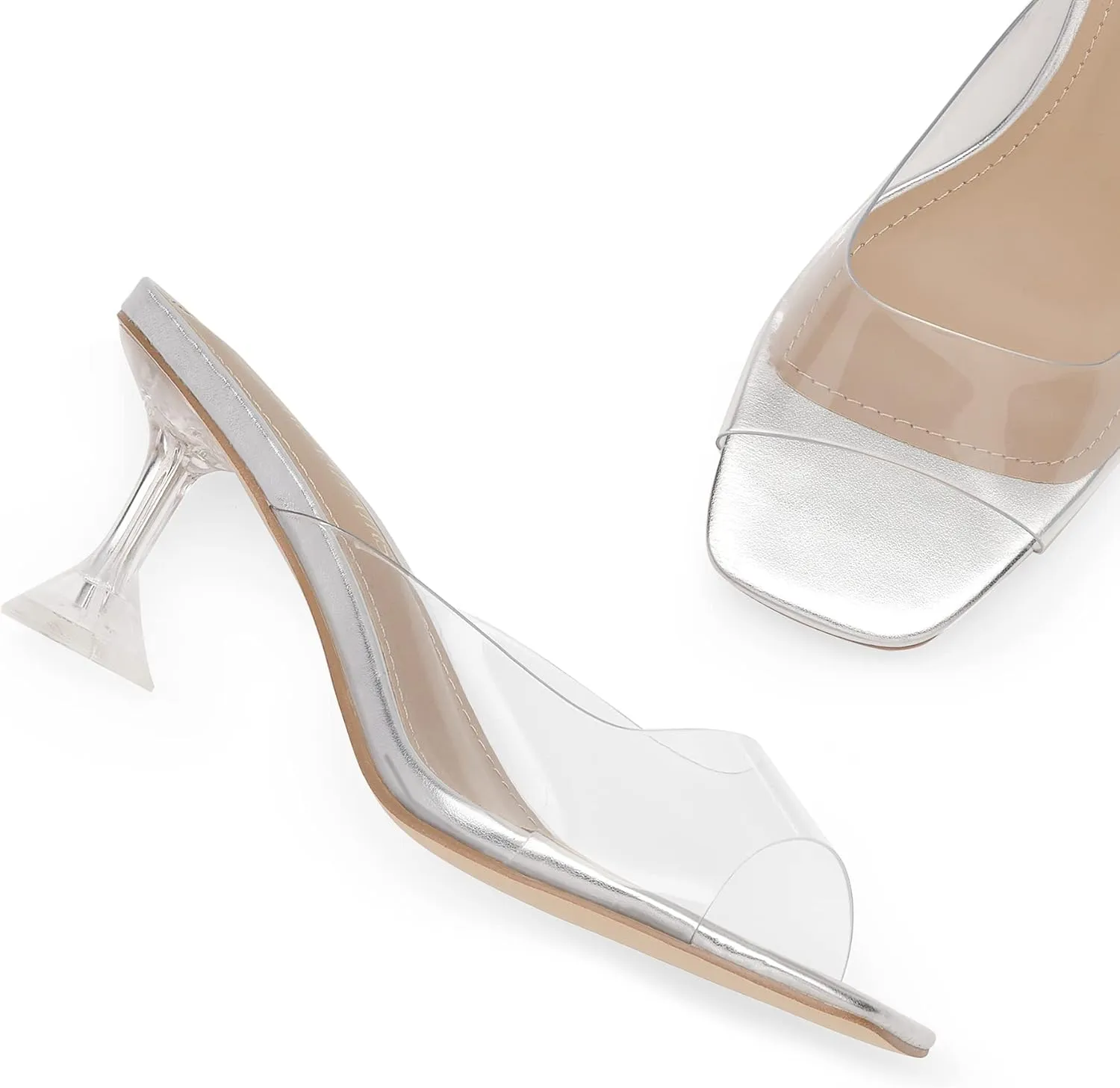 DREAM PAIRS Women’s Clear Heels Square Toe High Stiletto Mules Slip on Wedding Dress Heel Sandals